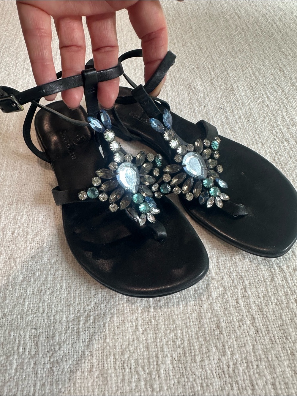 Cole Haan Black Jeweled T-Strap Sandals with Blue Accent Stones